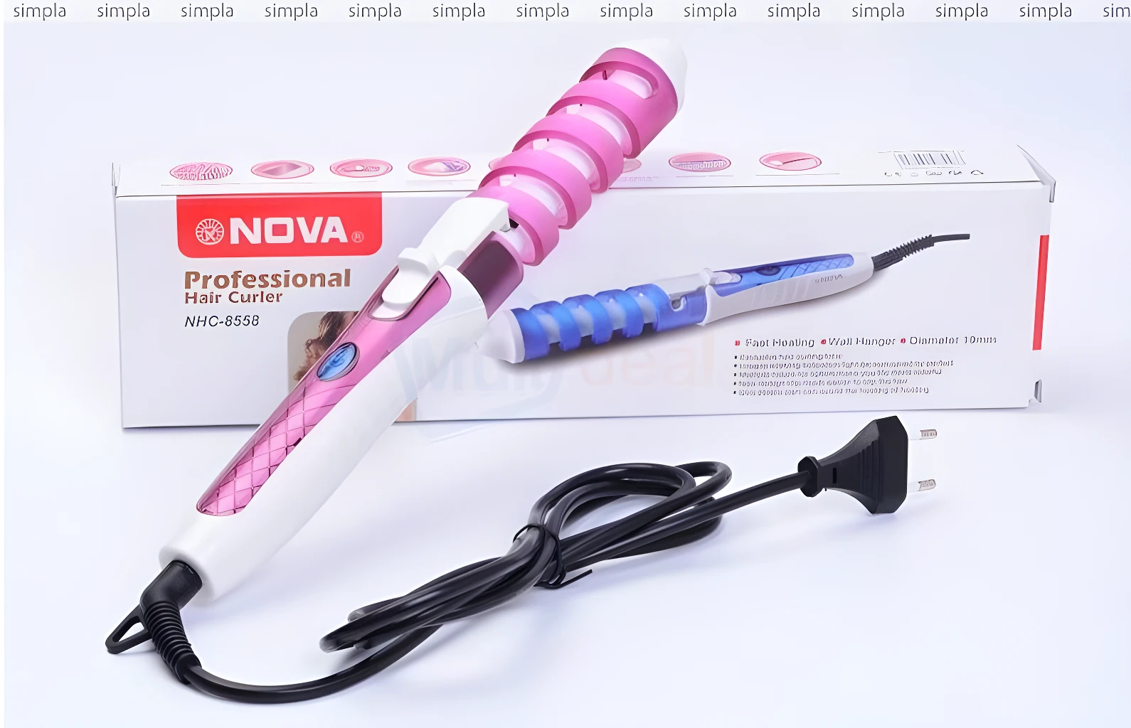 Rizador para cabello Nova RZ-8588 profesional rosa y blanco con cable negro.