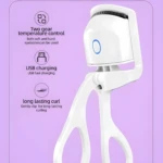Rizador de pestañas eléctrico blanco con carga USB, control de temperatura y rizado duradero.