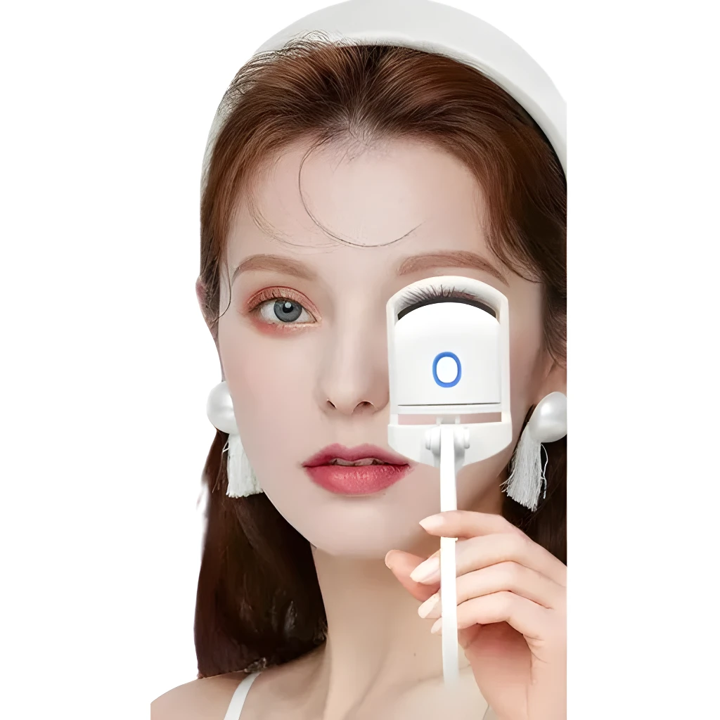 Rizador de pestañas eléctrico blanco con botón azul, realza pestañas postizas.