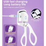 Rizador de pestañas eléctrico blanco con carga USB, dos temperaturas y cabezal reemplazable.