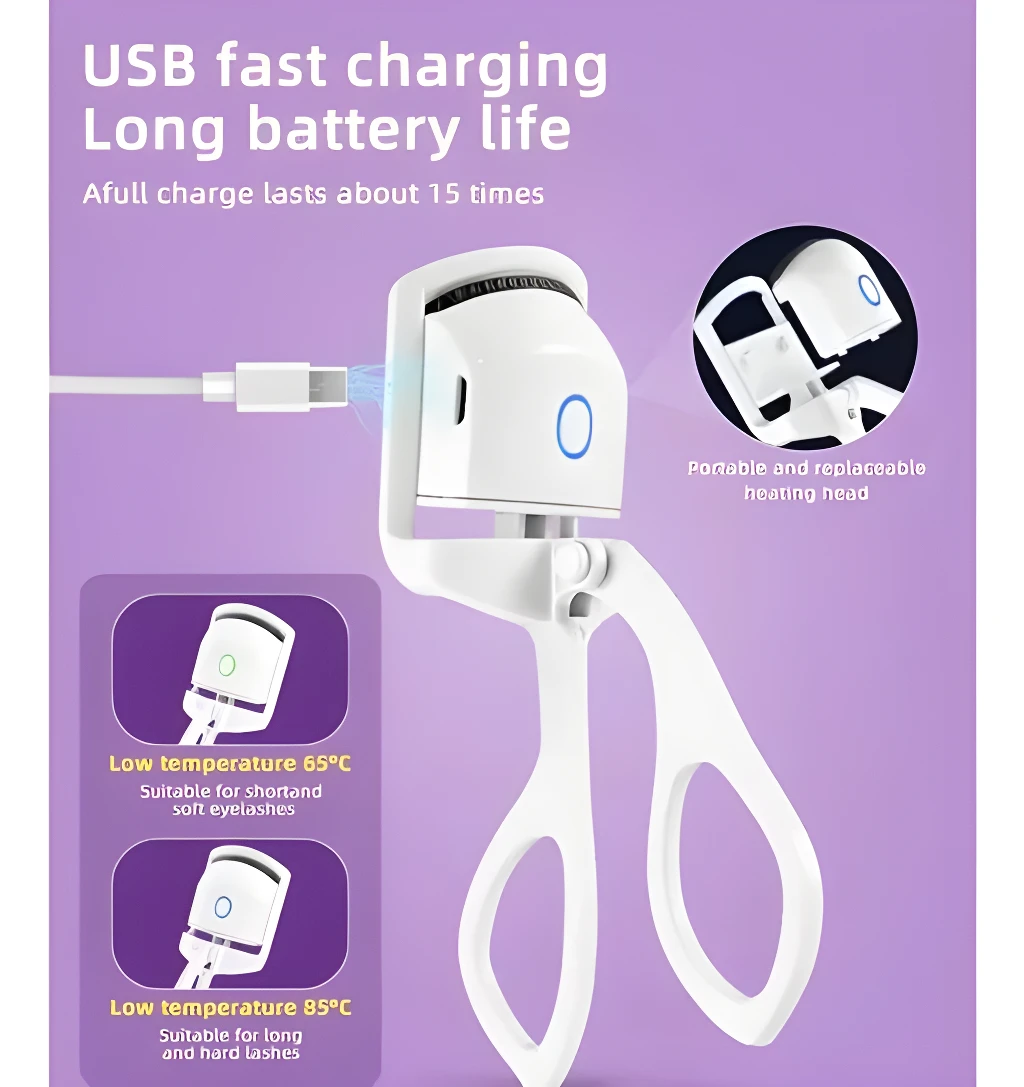 Rizador de pestañas eléctrico blanco con carga USB, dos temperaturas y cabezal reemplazable.