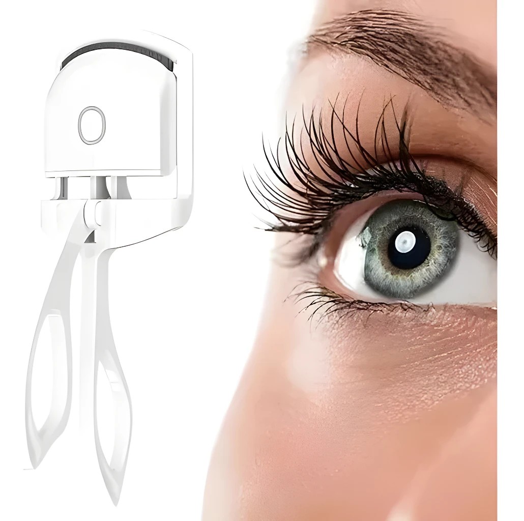 Rizador de pestañas eléctrico blanco para rizar y dar volumen a las pestañas naturalmente.