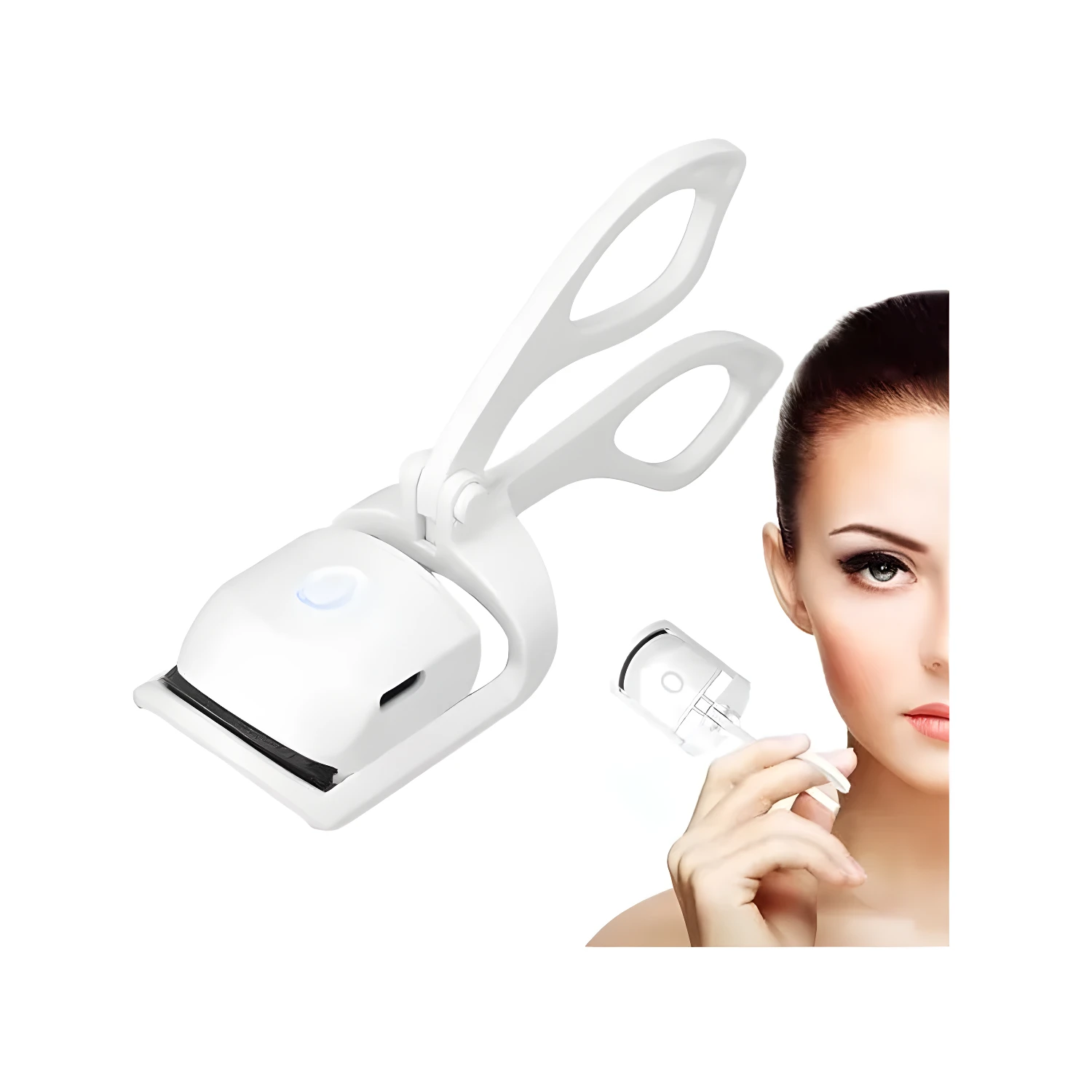 Rizador de pestañas eléctrico blanco con aplicador y modelo de rostro femenino en primer plano.