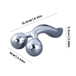 Rodillo masajeador facial 3D plateado con dos esferas giratorias y medidas indicadas, ideal para rostro y cuerpo.
