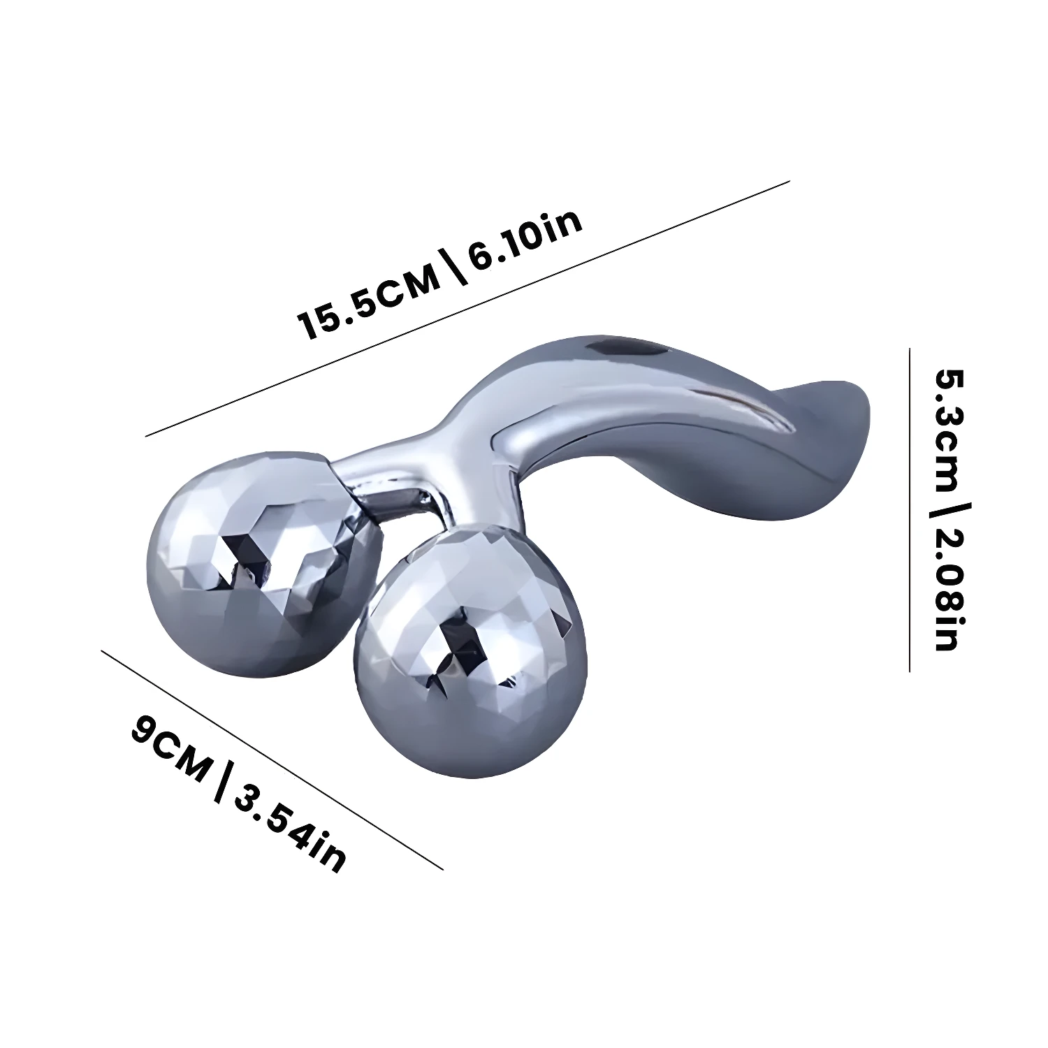 Rodillo masajeador facial 3D plateado con dos esferas giratorias y medidas indicadas, ideal para rostro y cuerpo.