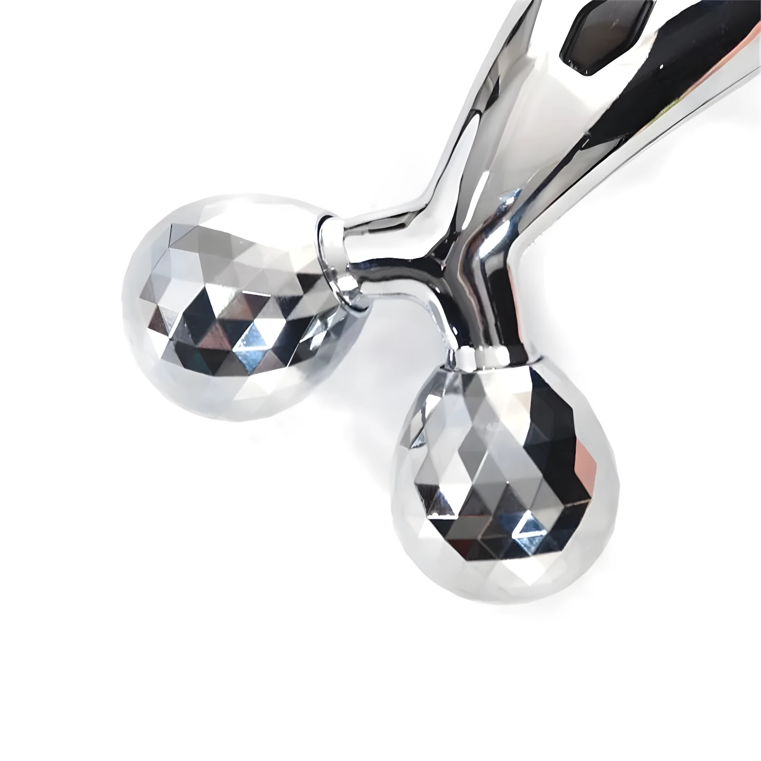 Rodillo facial y corporal 3D plateado con doble esfera facetada y mango brillante.