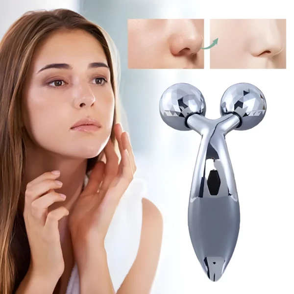 Rodillo facial y corporal 3D plateado para modelar el rostro, con resultado visible.
