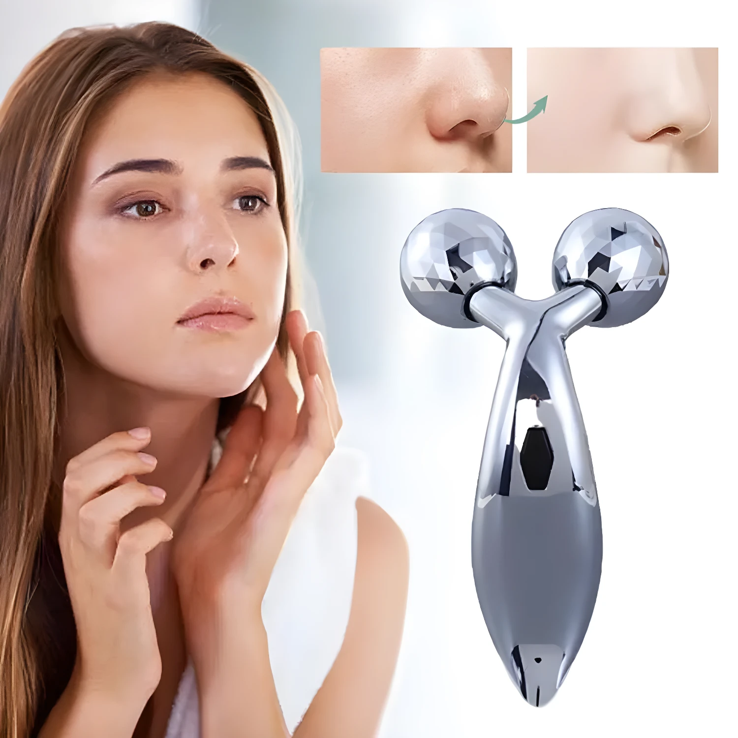 Rodillo facial y corporal 3D plateado para modelar el rostro, con resultado visible.