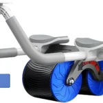 Rodillo abdominal automático con ruedas dobles azules, ideal para ejercicio en casa.