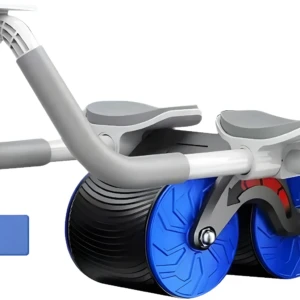 Rodillo abdominal automático con ruedas dobles azules, ideal para ejercicio en casa.