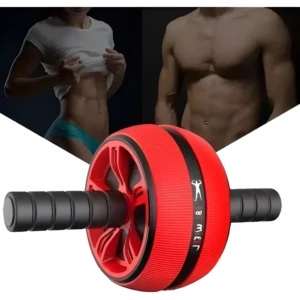 Rueda abdominal roja para ejercicio en casa, ideal para tonificar el abdomen, con agarres ergonómicos.