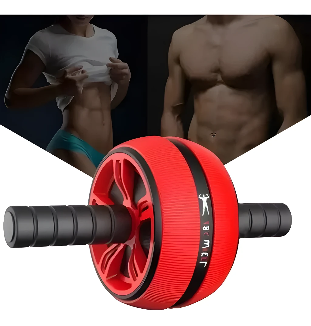 Rueda abdominal roja para ejercicio en casa, ideal para tonificar el abdomen, con agarres ergonómicos.
