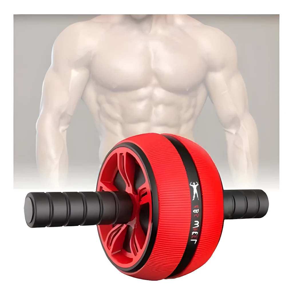 Rueda abdominal roja y negra para ejercicio en casa, ideal para abdomen y cuerpo completo.
