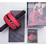 Rueda abdominal roja para ejercicio en casa, kit completo con tapete y manual.