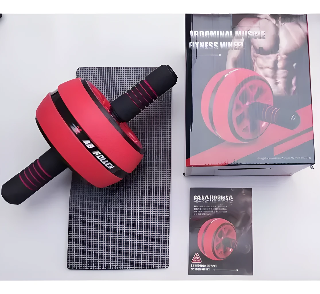 Rueda abdominal roja para ejercicio en casa, kit completo con tapete y manual.