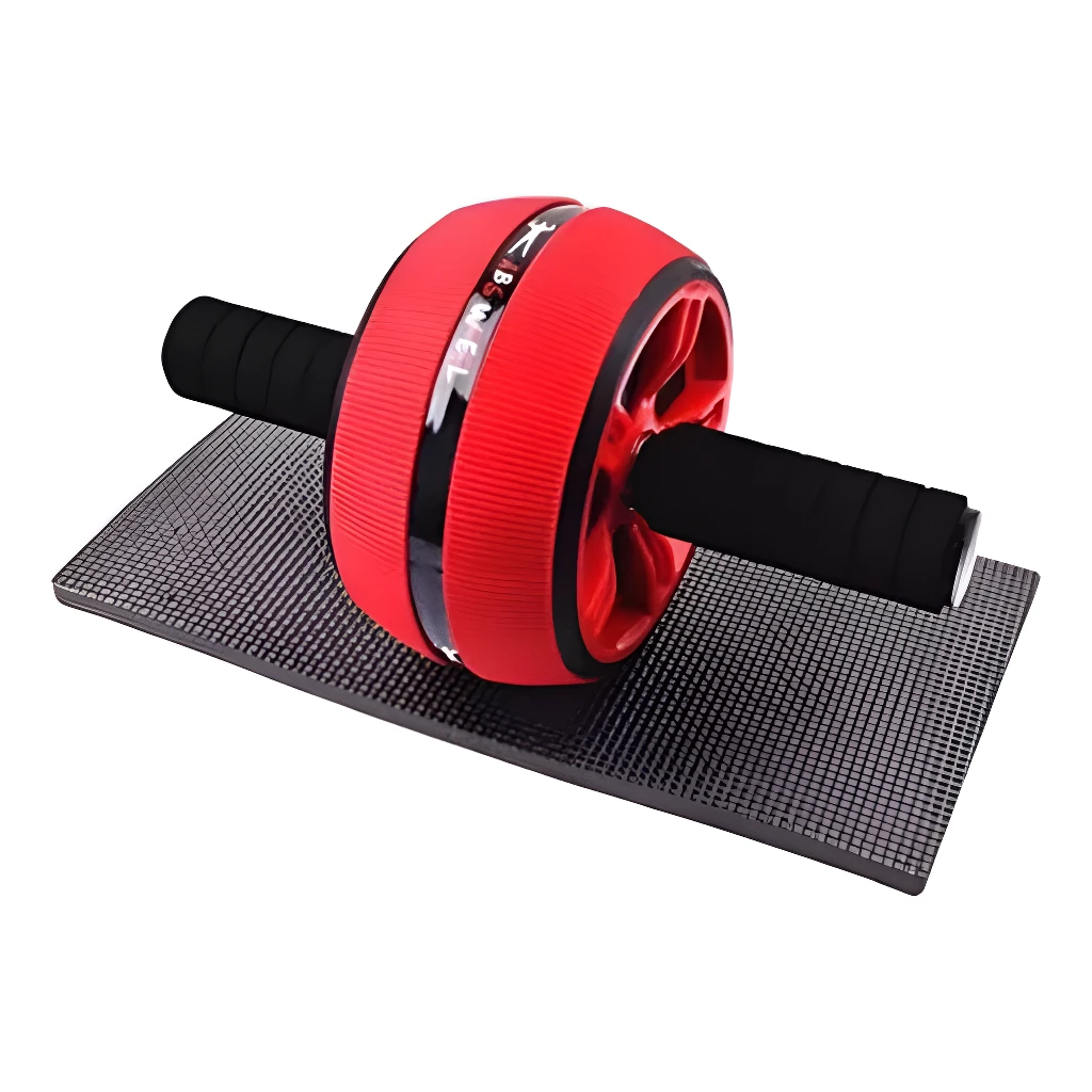 Rueda abdominal roja para ejercicio en casa Fitne con agarraderas negras y tapete antideslizante negro.