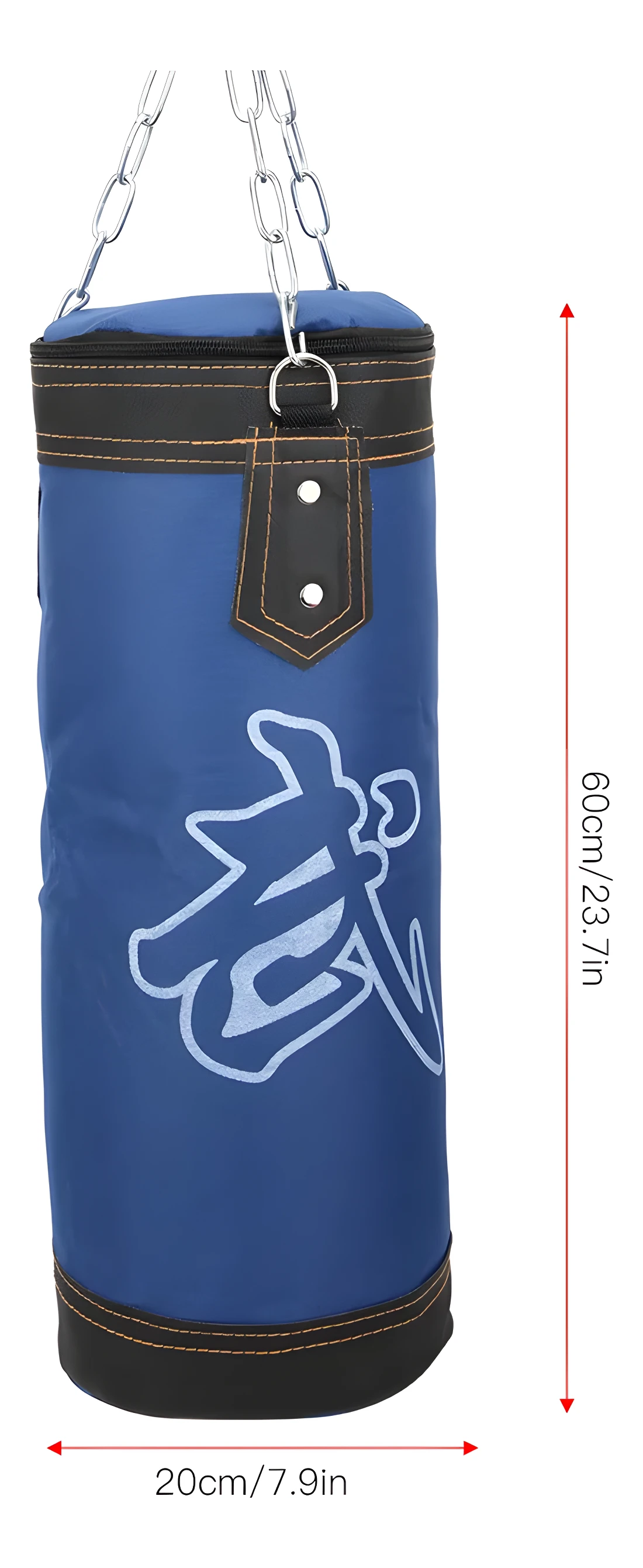 Saco de boxeo azul deportivo de 60cm con cadena de sujeción.