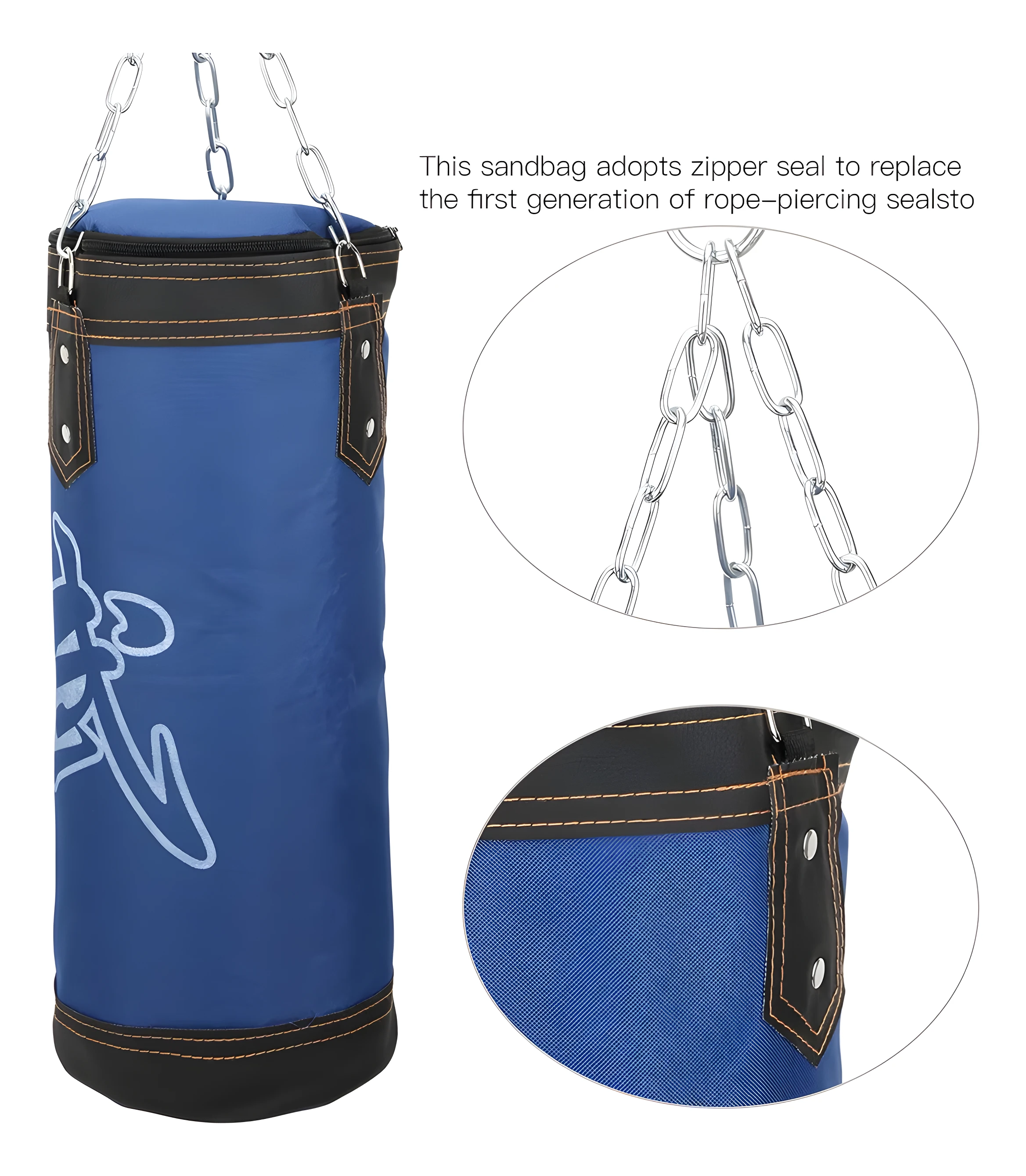 Saco de boxeo azul Sport de 60cm con cadena de sujeción de metal, cierre de cremallera.
