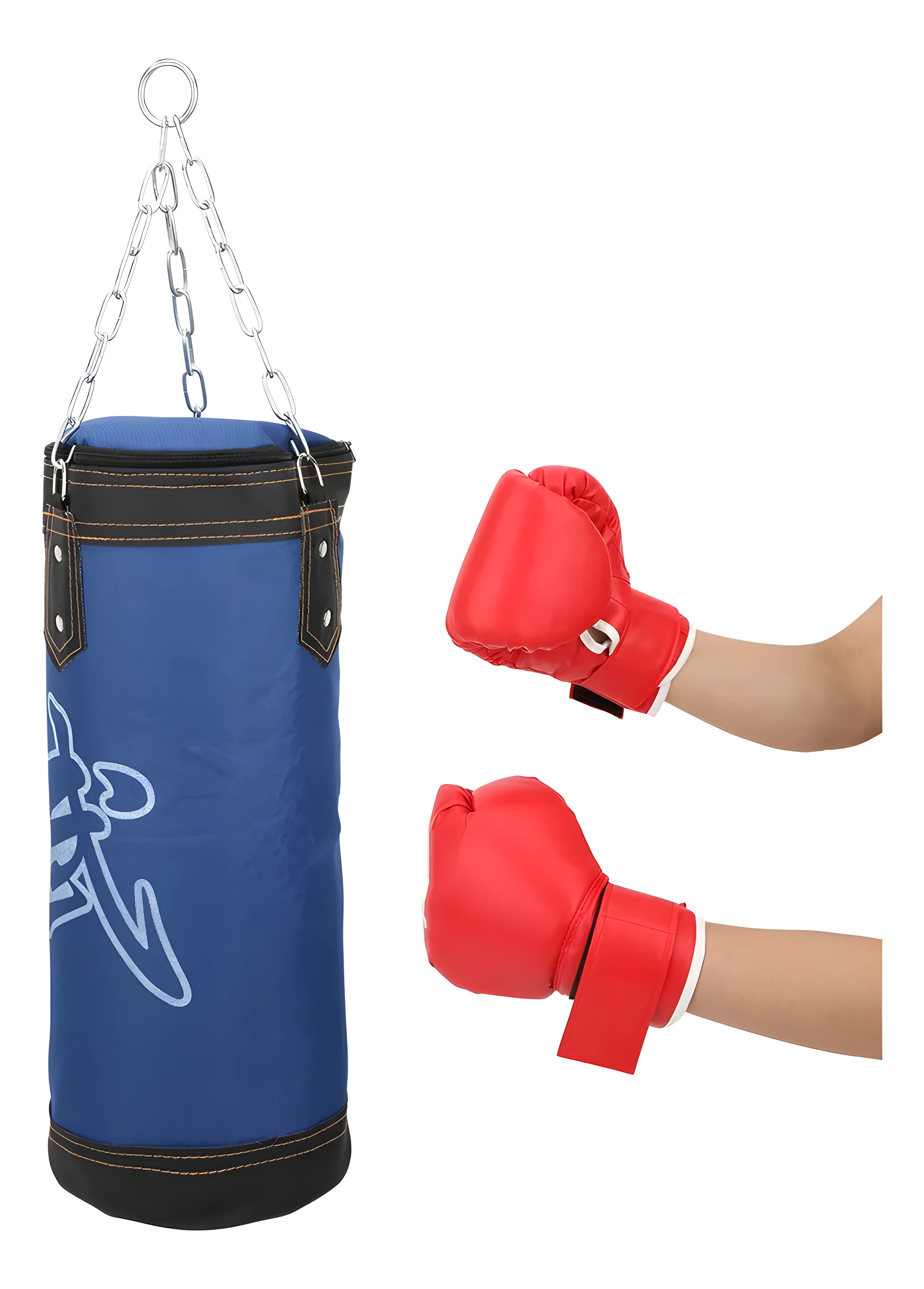 Saco de boxeo azul Sport 60cm con cadena y guantes de boxeo rojos.