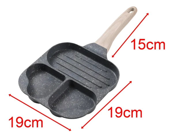 Sartén antiadherente de 19cm con 3 compartimentos y mango de 15cm.
