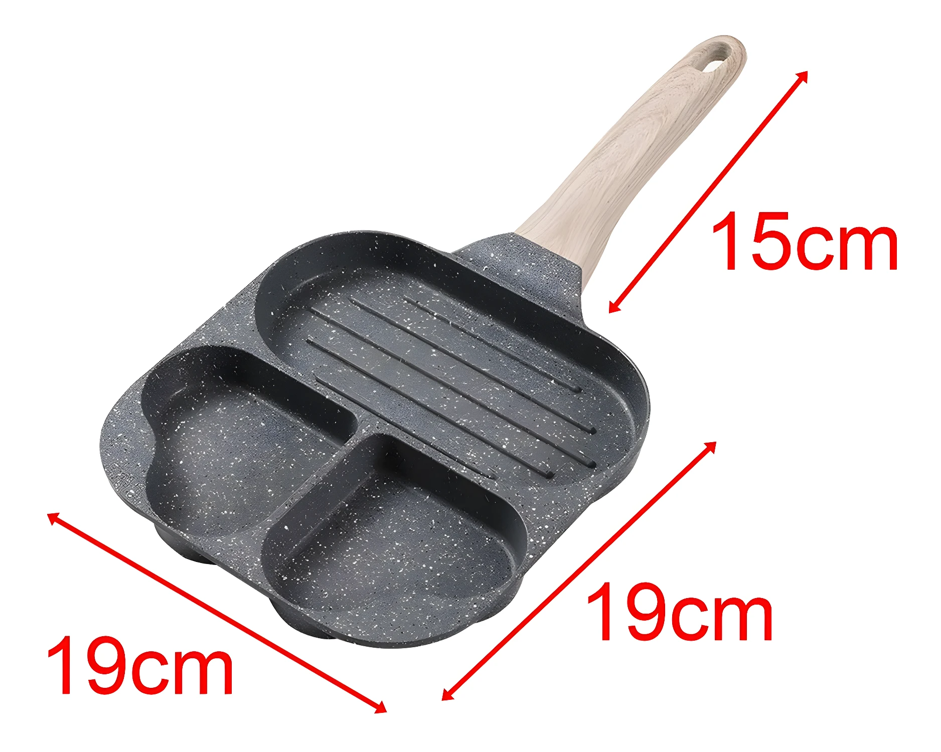 Sartén antiadherente de 19cm con 3 compartimentos y mango de 15cm.
