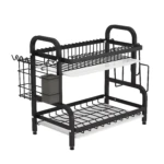 Secaplatos escurridor de loza de 2 niveles en color negro, con porta cubiertos y bandeja.