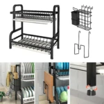 Secaplatos escurridor negro de 2 niveles para loza, cubiertos y tablas de cocina.