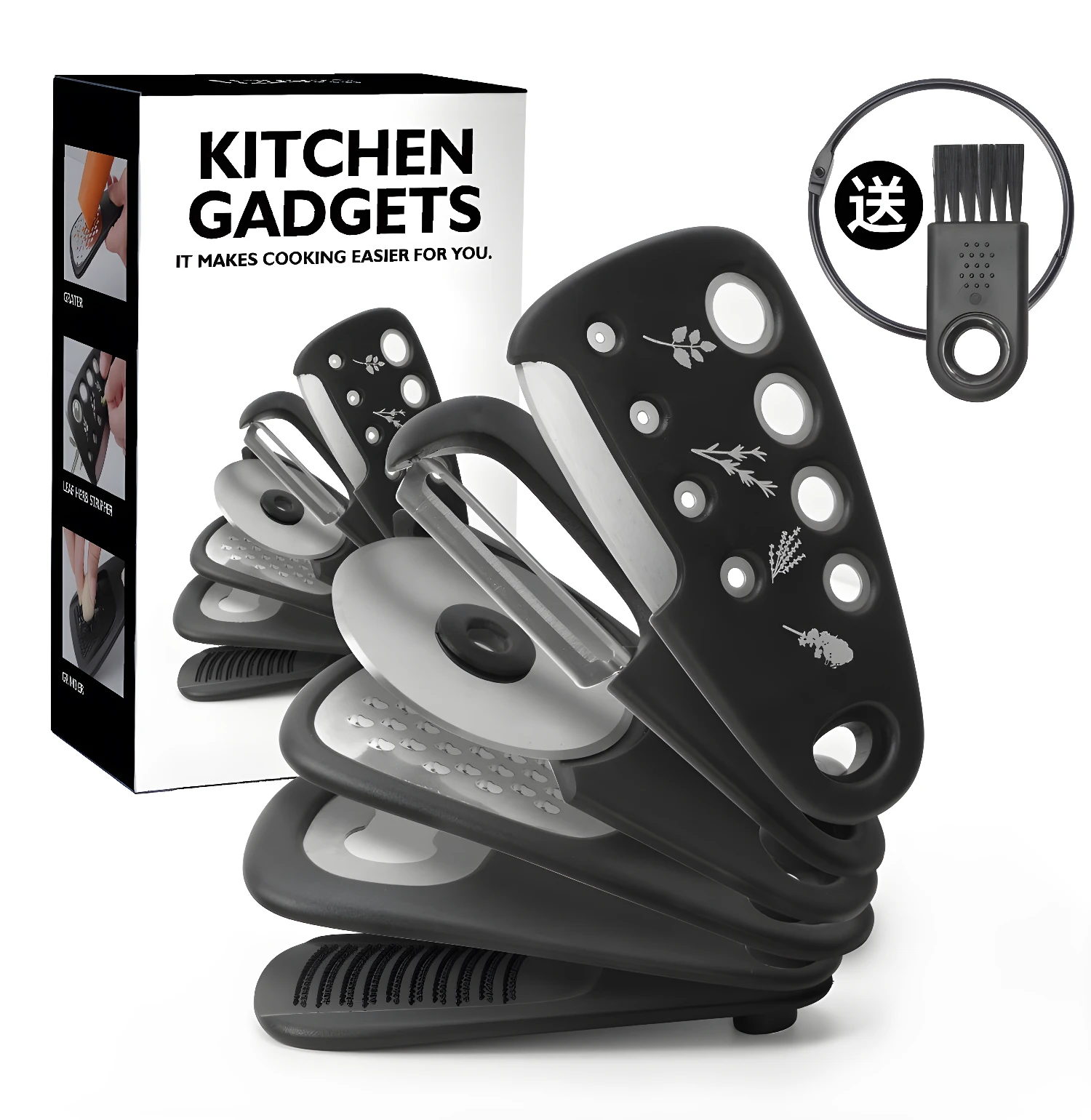 Set de cocina 6 en 1 con pelador, rallador y más utensilios para facilitar la preparación de alimentos.