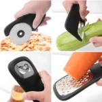 Set de 6 utensilios de cocina: cortador pizza, pelador, rallador y abrebotellas.