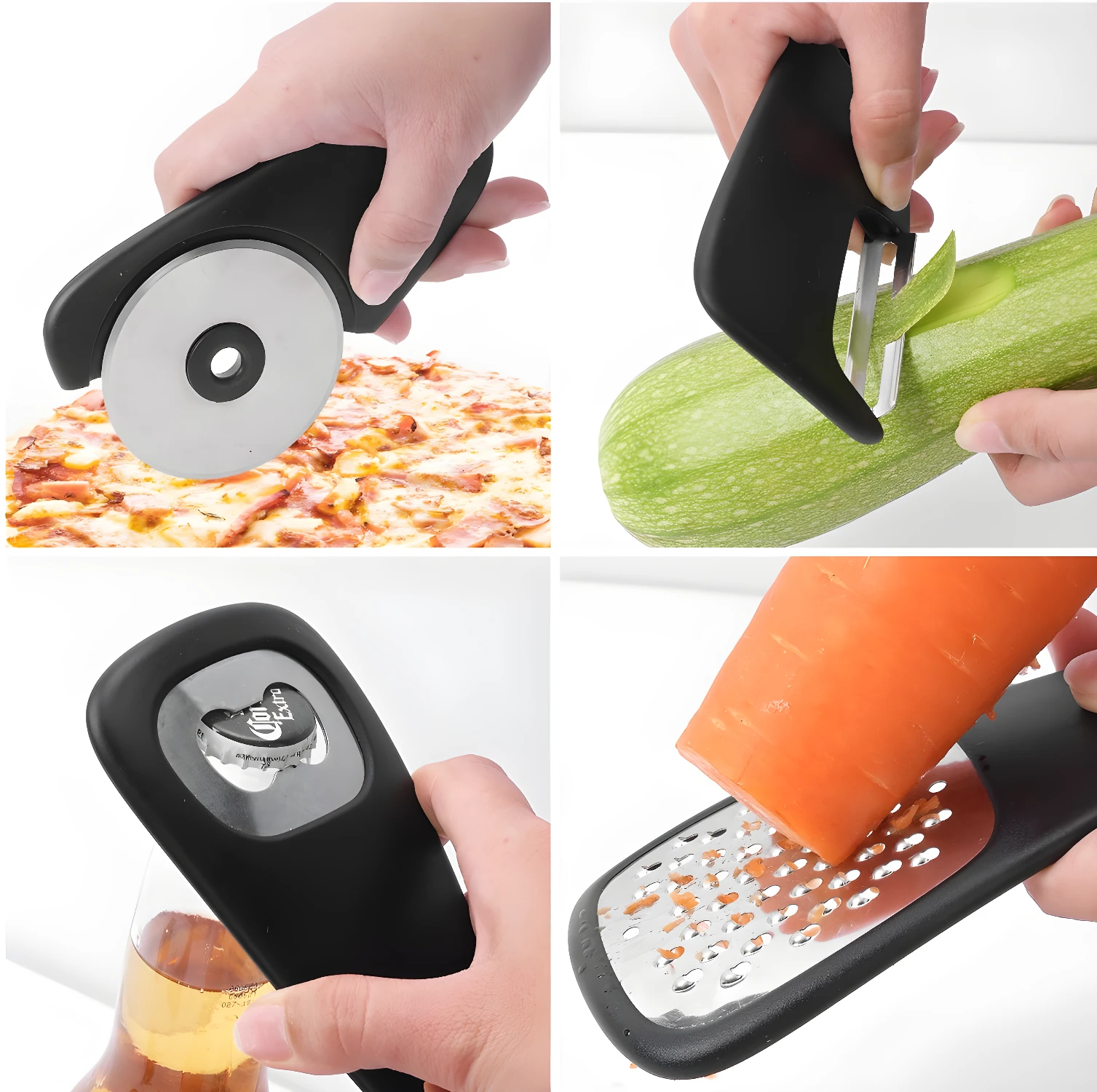 Set de 6 utensilios de cocina: cortador pizza, pelador, rallador y abrebotellas.