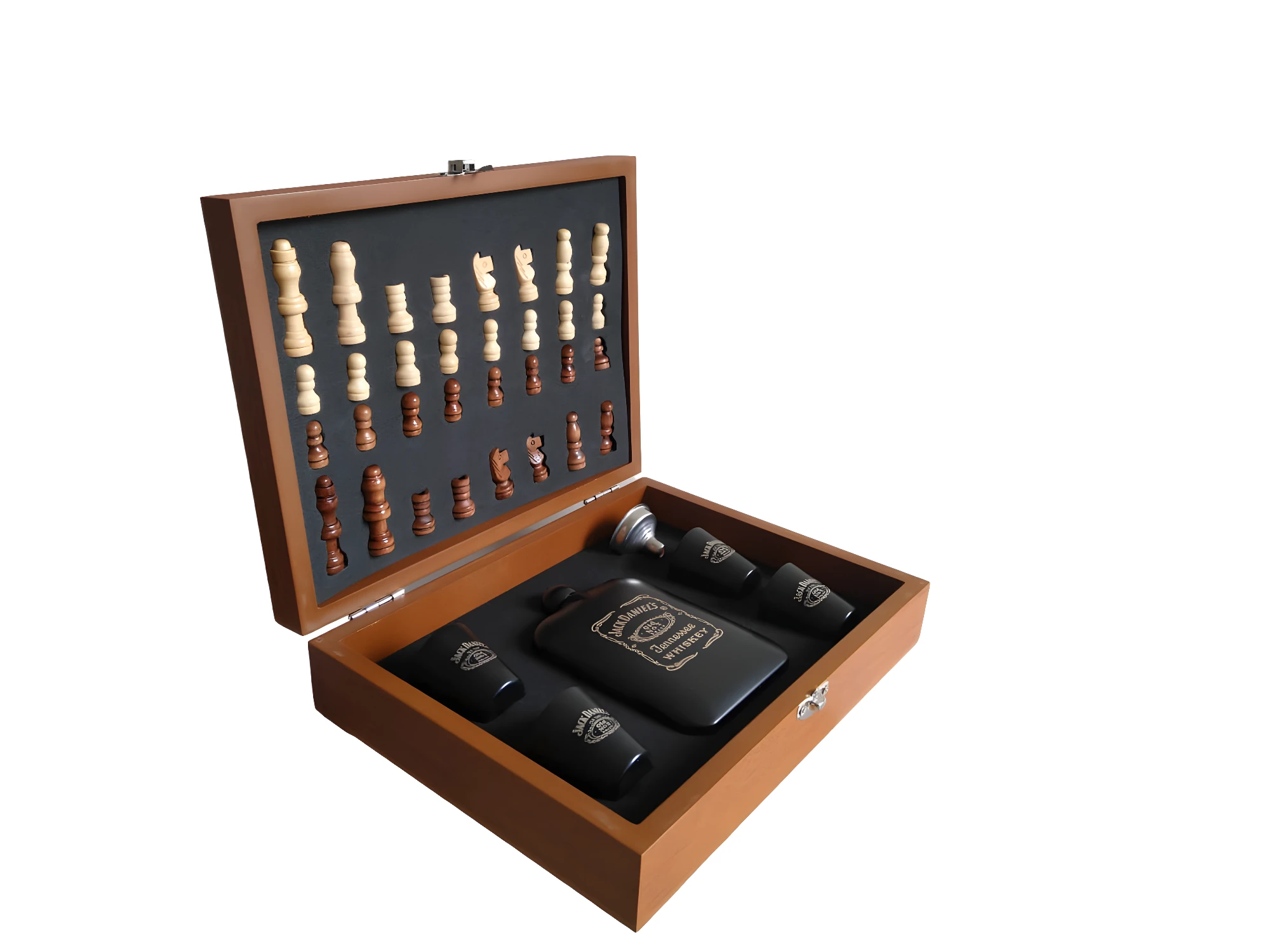 Cofre de ajedrez con licorera Jack Daniels negra y vasos.