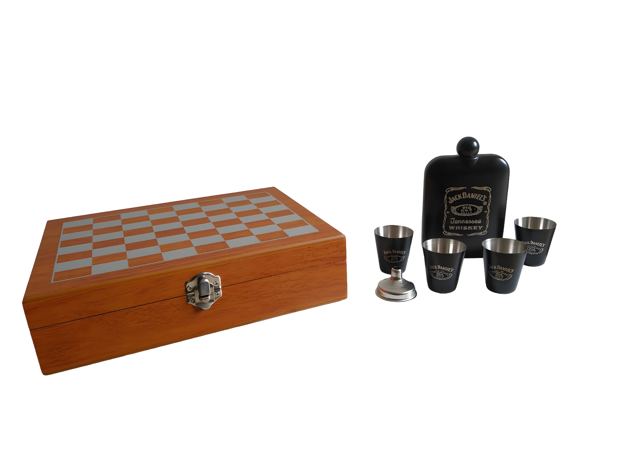 Licorera Jack Daniels negra con 4 shots en cofre de ajedrez de madera.