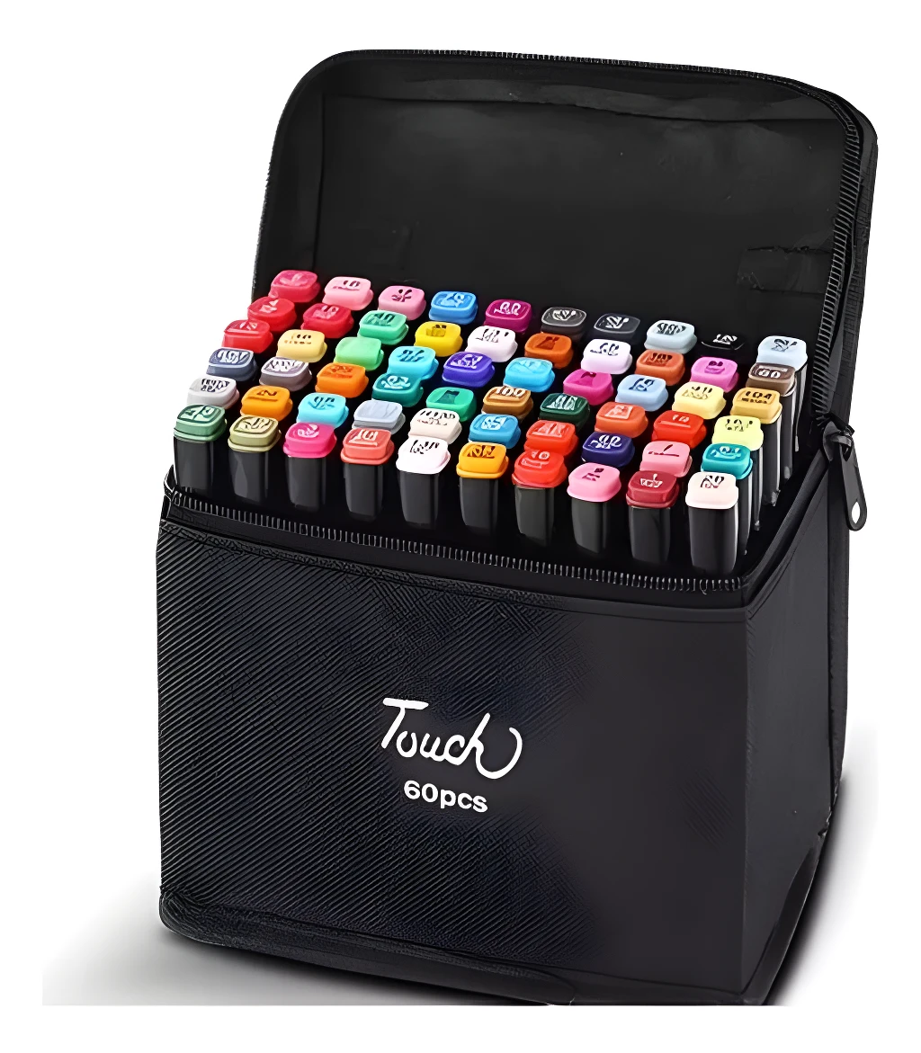 Set de marcadores Touch Doble Punta 60 piezas en estuche negro abierto.