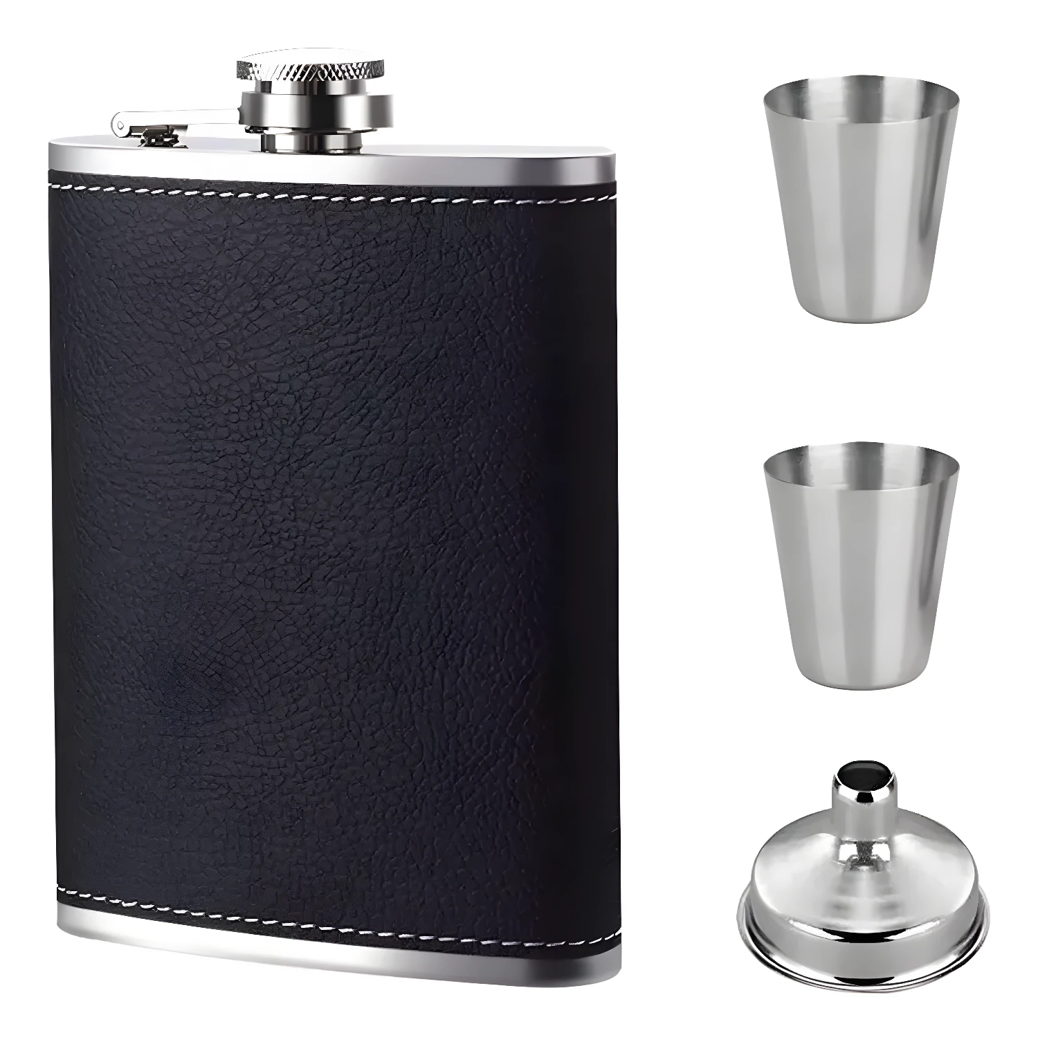 Set licorera de acero inoxidable 8 oz negra con 2 copas y embudo.