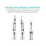 Cepillo limpiador de teclado blanco con tres cabezales intercambiables: nylon, esponja y punta metálica.