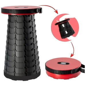 Silla plegable redonda negra y roja ajustable, taburete portátil para exteriores.