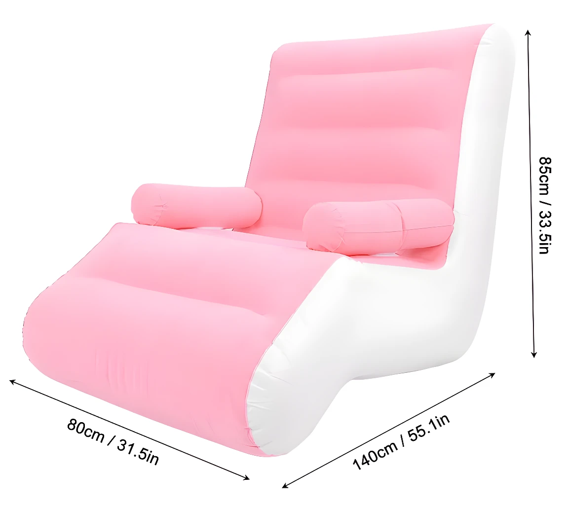 Sofá inflable rosa y blanco con reposapiés, mide 140cm de largo.