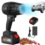 Soplador profesional 48V con doble batería, ideal para nieve o limpieza de autos.