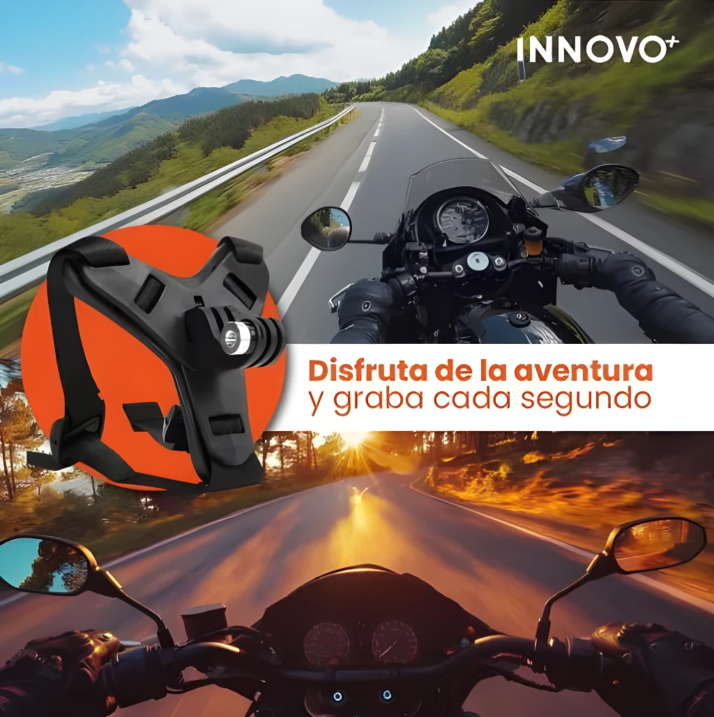 Soporte para casco de moto Innovo+ con cámara GoPro, disfruta la aventura y graba cada segundo.