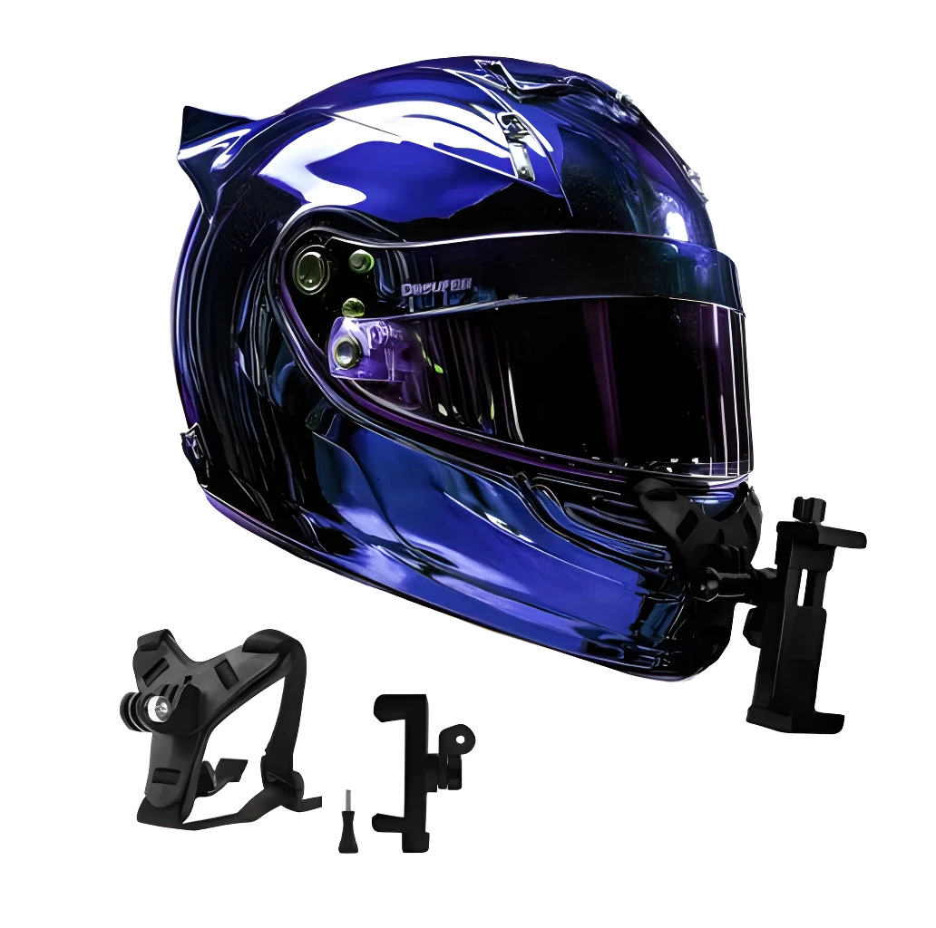 Casco de moto azul metálico con soporte para celular y cámara GoPro.