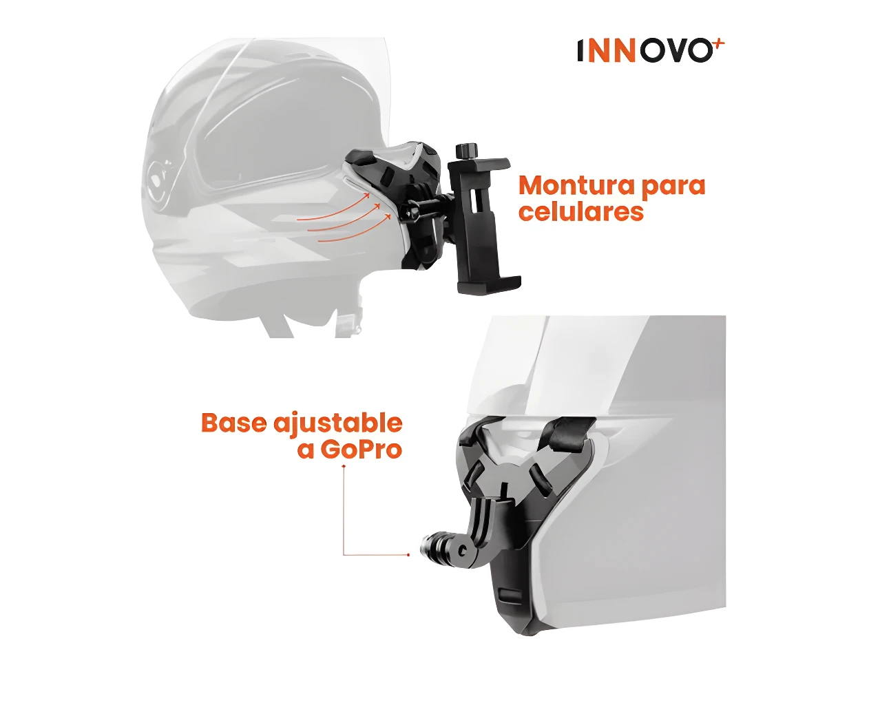 Soporte para celular y cámara Gopro ajustable en casco de moto con montura Innovo.