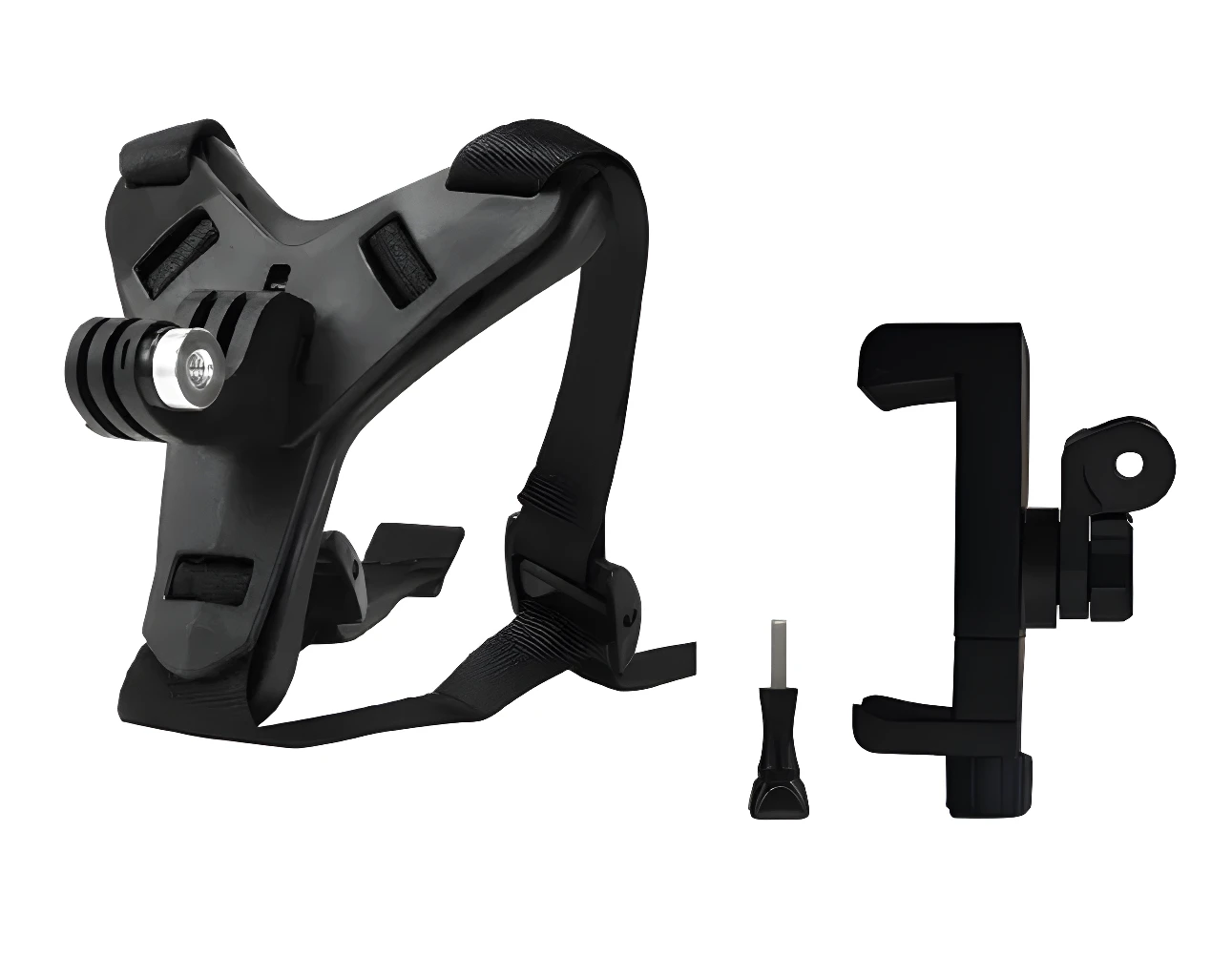 Soporte de casco negro para cámara GoPro y celular con accesorios.