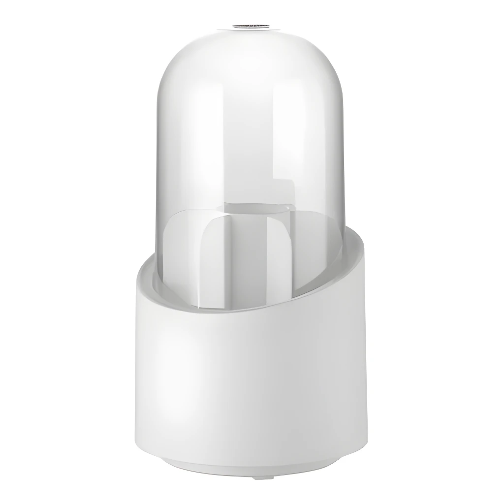 Soporte giratorio para brochas de maquillaje blanco, con tapa transparente y diseño moderno.