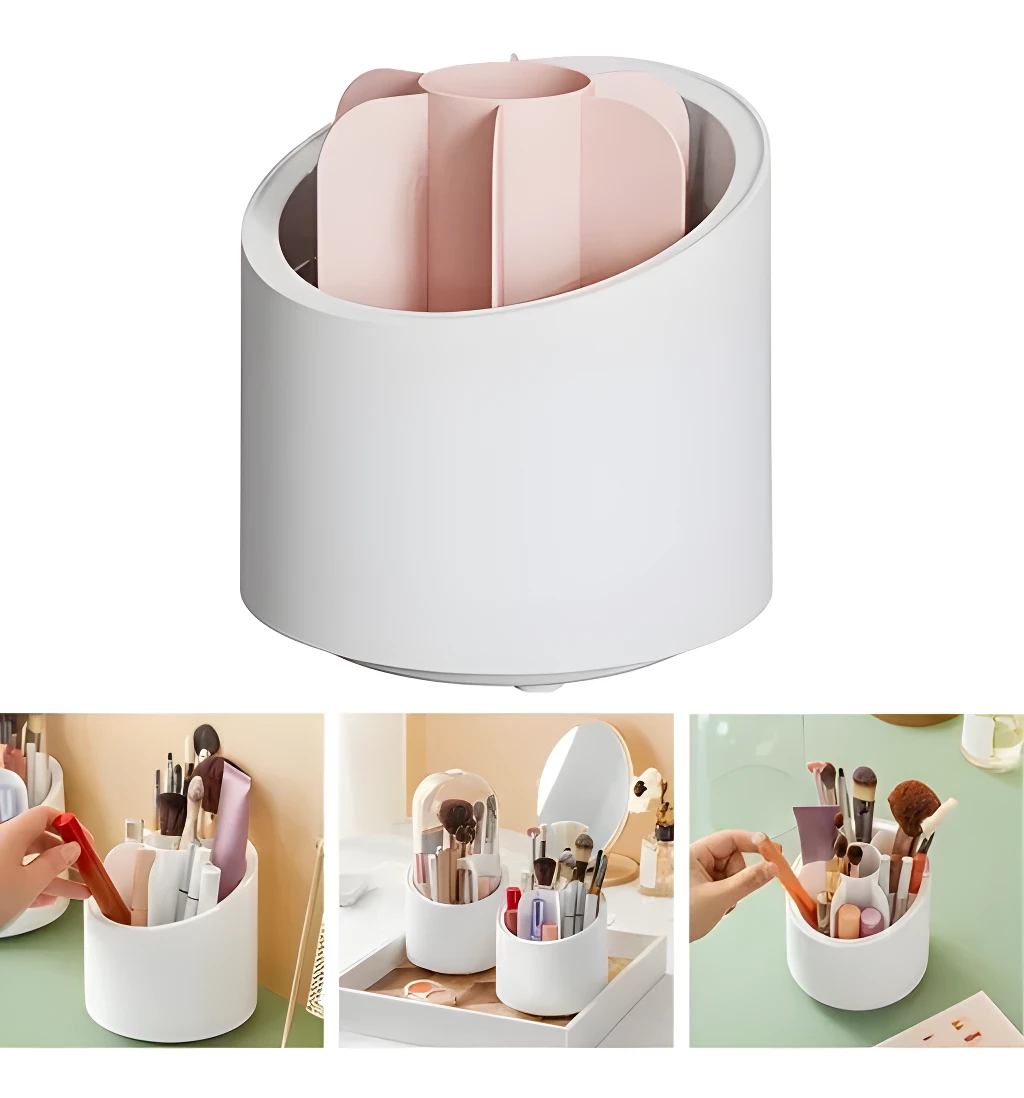 Soporte giratorio para brochas de maquillaje con compartimentos rosados, ideal para organizar cosméticos.
