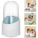 Soporte giratorio de brochas de maquillaje con tapa protectora y compartimentos.