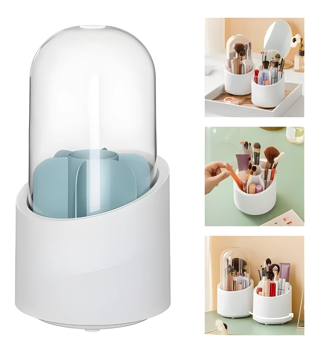 Soporte giratorio de brochas de maquillaje con tapa protectora y compartimentos.