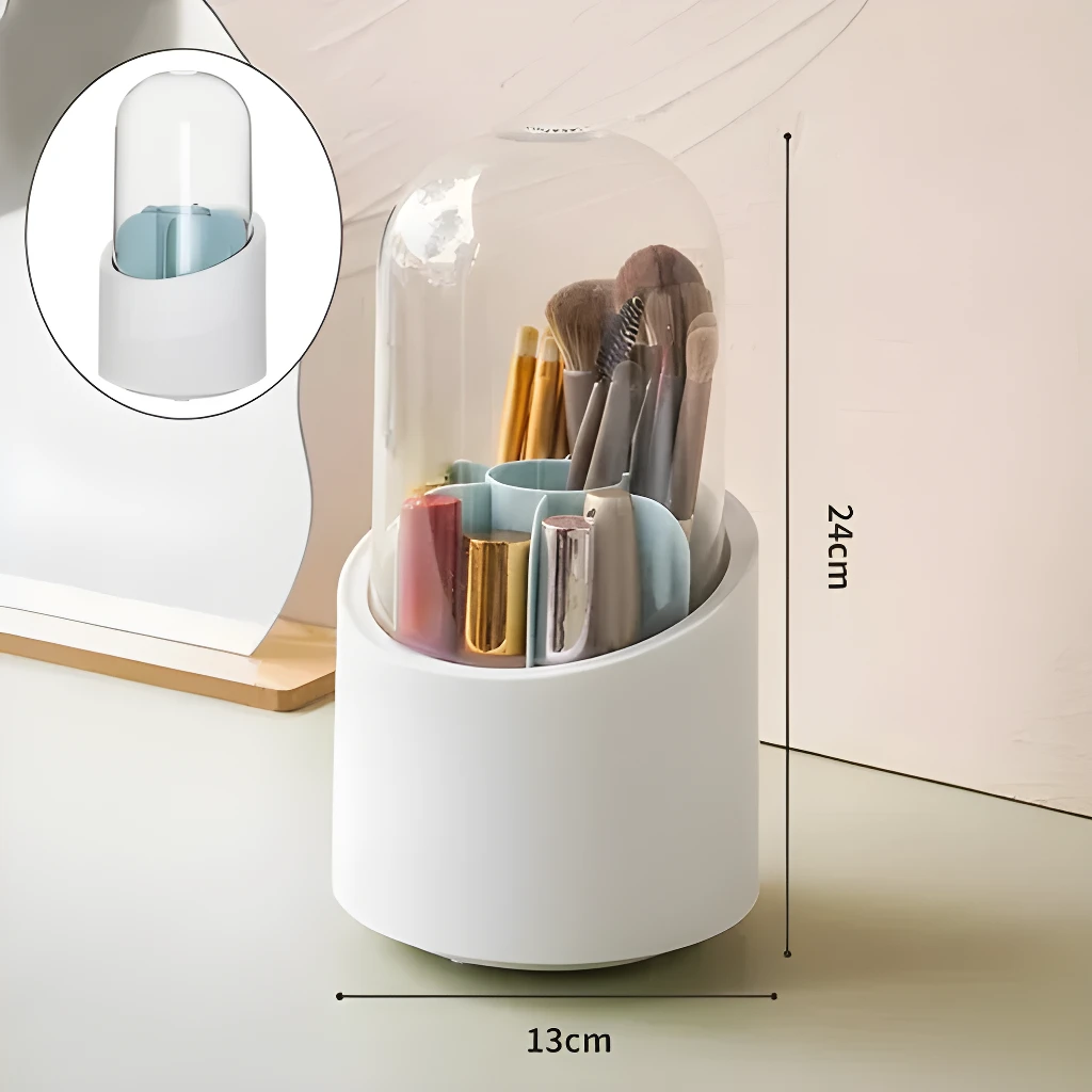 Organizador giratorio blanco para brochas de maquillaje con tapa transparente, 24cm alto, 13cm ancho.