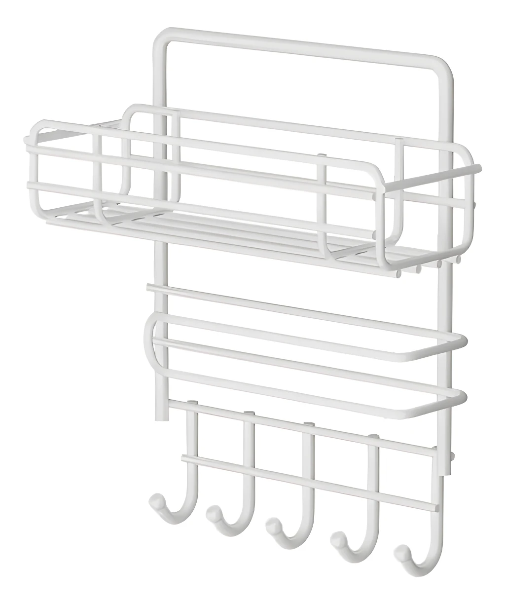 Soporte organizador de cocina blanco con estantes y ganchos para colgar.