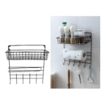 Soporte organizador de cocina de alambre negro con cestas, para especias, papel de cocina y ganchos.