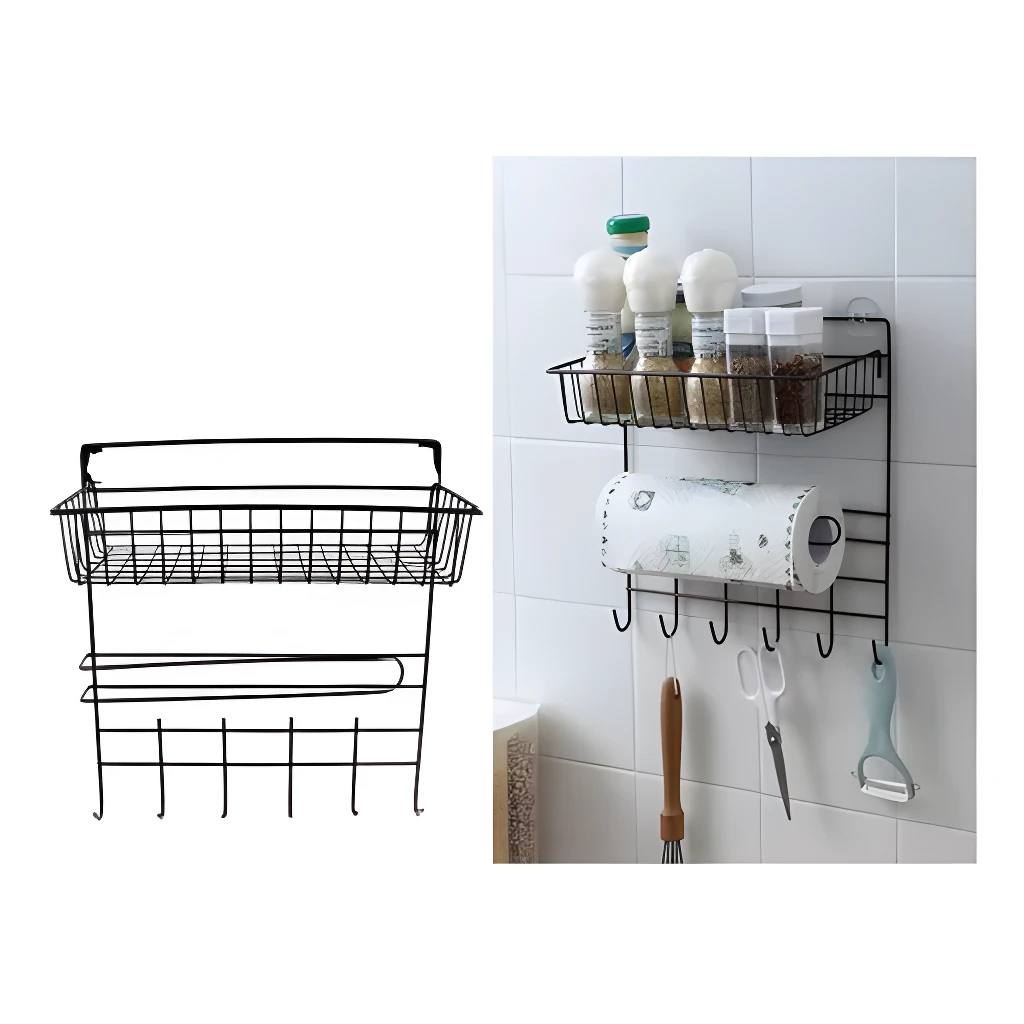 Soporte organizador de cocina de alambre negro con cestas, para especias, papel de cocina y ganchos.